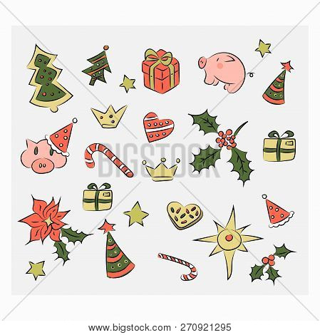 Christmass Set Of Patch Logo, Omela, Gift, Pig, Cookies