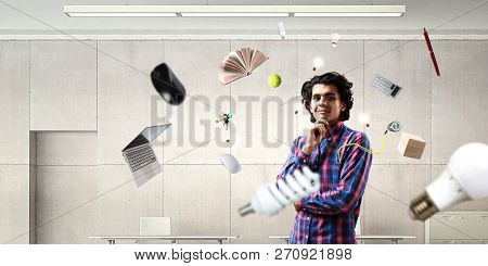 Pensive hipster guy. Mixed media