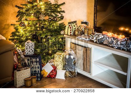 Merry Christmas Beautiful Living Room Tree Setup Aith Gifts Decorated For Happy Holidays At Home