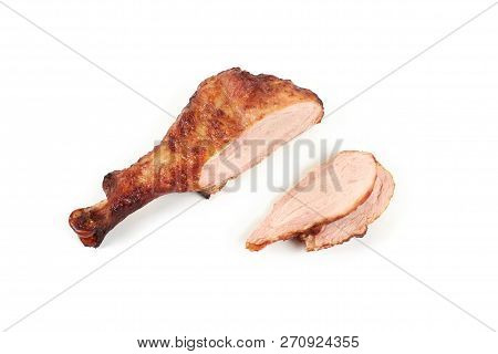 Roast Chickenleg And Sliced Chicken Meat Isolated On White Background.