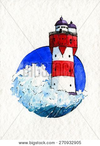 Lighthouse Wave Circle Postcard Watercolor Texture Paper