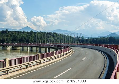 Volkermarkt, Austria - August, 17th, 2017. View Of The Bridge Over The River Drau