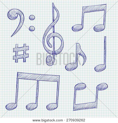Music Signs. Blue Notes And Symbols On Lined Paper Background. Vector Illustration