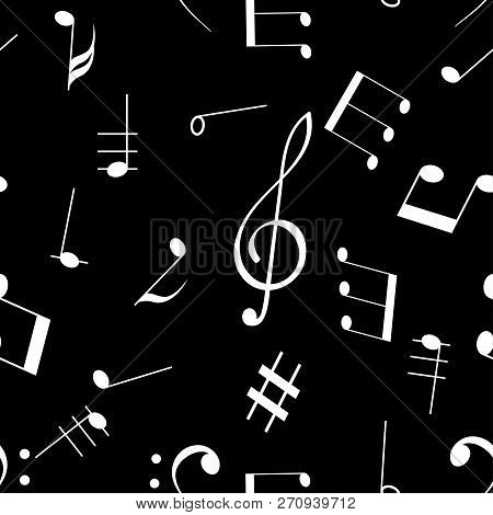 Music Signs. Seamless Pattern. White Notes And Symbols On Black Background. Vector Illustration