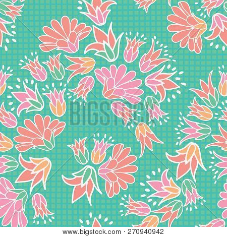 Pink Orange Flowers Seamless Vector Repeat Pattern Background