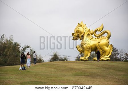 Gold Singha Statue On Hill In Singha Park At Chiangrai City In Chiang Rai, Thailand