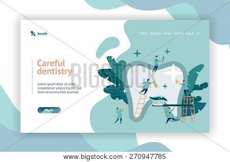 Web Page Design. Group Of Small Dentists Are Caring For A Large Tooth. Modern Digital Illustration W