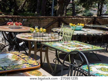 Ravello, Italy - June 16, 2017: Artistic Ceramic Products For Sale In Ravello. A Small Charming Town