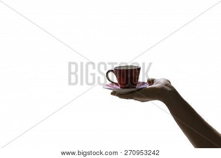 Female Hand Holding A Red Cup Of Coffee Or Tea Isolate White Background ,with Clipping Path