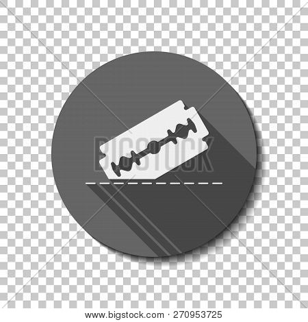 Razor Blade And Cutting Line. Simple Single Icon. White Flat Icon With Long Shadow In Circle On Tran