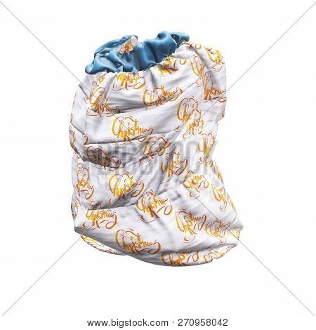 Santa Clauss Bag Or Sack With Christmas Word Lettering Made By Watercolor , Full Of Gifts, On White 