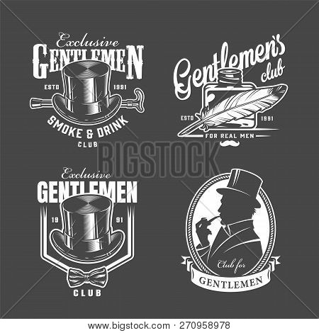 Vintage Monochrome Gentleman Club Labels With Inscriptions British Man Smoking Pipe Feather Pen Inkw