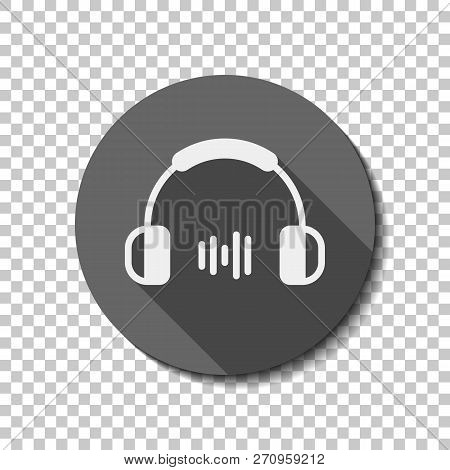 Headphones And Music Wave. Medium Volume Level. Simple Icon. White Flat Icon With Long Shadow In Cir