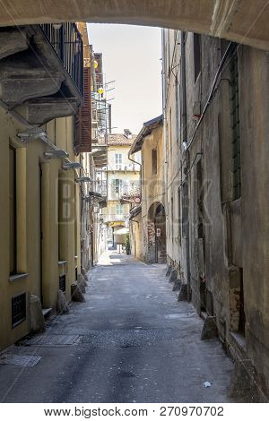 Saluzzo, Cuneo, Piedmont, Italy: Historic Buildings Along An Old Typical Street
