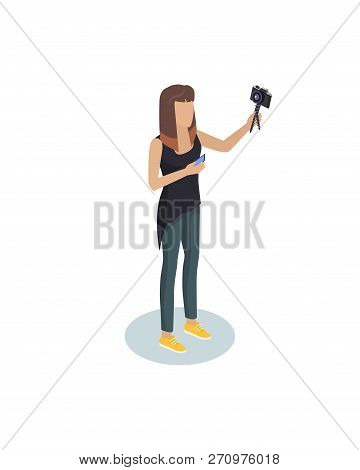 Vloger Or Blogger Hipster Girl With Modern Camera And Smartphone Devices In Hands. Photography Profe