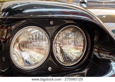 Wroclaw, Poland - Sep 01, 2018: Frontlights Of Old Exclusive Luxury Rolls-royce Vintage Car Ckose-up