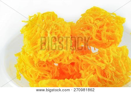 Golden Egg Yolks Threads Isolated Thai Desserts On Bowl On White Background / Name In Thai Foi Thong
