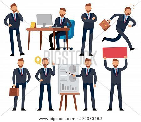 Cartoon Businessman. Business Professional Man In Different Office Work Situations. Vector Set