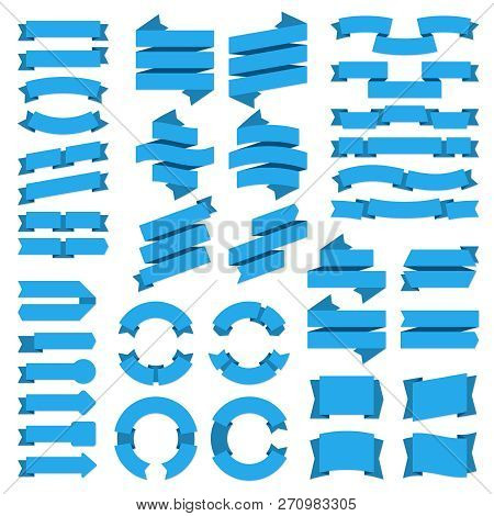 Ribbons Banners. Sale Badge Banner, Blue Vintage Tags, Empty Flat Graphic Bow Label, Modern Premium 