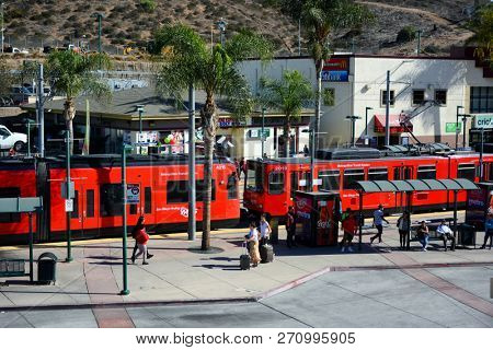 SAN YSIDRO, CALIFORNIA - NOVEMBER 26, 2018: San Diego Trolley (SDTI) is a light rail system serving the metropolitan San Diego Area. 
