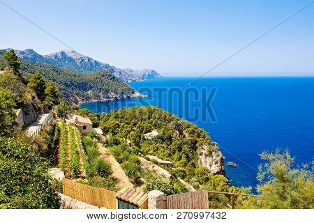 Island Scenery, Seascape Of Mallorca Spain. Idyllic Coastline Of Majorca, Mediterranean Sea On Sunny