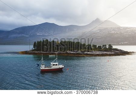 Classic Norwegian Cold Panoramic Landscape Of Efjorden Fjord, Ballangen Municipality, Nordland Count