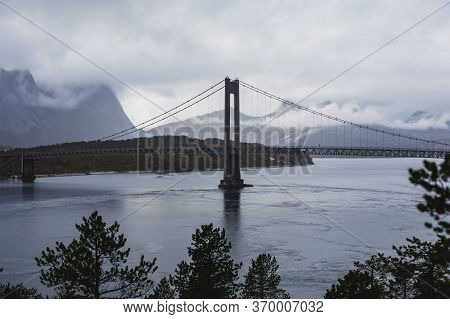 Classic Norwegian Cold Panoramic Landscape Of Efjorden Fjord, Ballangen Municipality, Nordland Count