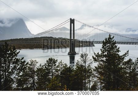 Classic Norwegian Cold Panoramic Landscape Of Efjorden Fjord, Ballangen Municipality, Nordland Count