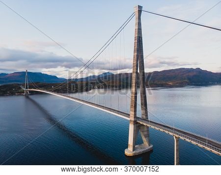 Aerial View Of A Halogaland Suspension Bridge Which Crosses The Rombaksfjorden In Narvik Municipalit