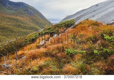 Norwegian Mountain Landscape During Hiking To Halls Fortopp Peak, With A View On Stetind, Northern N
