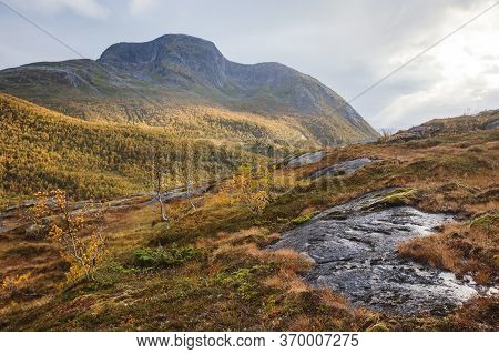 Norwegian Mountain Landscape During Hiking To Halls Fortopp Peak, With A View On Stetind, Northern N