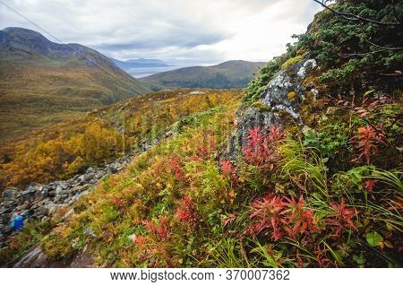 Norwegian Mountain Landscape During Hiking To Halls Fortopp Peak, With A View On Stetind, Northern N