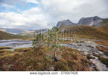 Norwegian Mountain Landscape During Hiking To Halls Fortopp Peak, With A View On Stetind, Northern N
