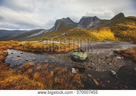 Norwegian Mountain Landscape During Hiking To Halls Fortopp Peak, With A View On Stetind, Northern N