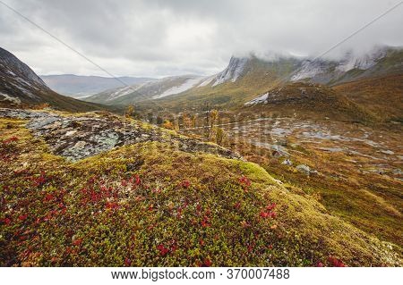 Norwegian Mountain Landscape During Hiking To Halls Fortopp Peak, With A View On Stetind, Northern N