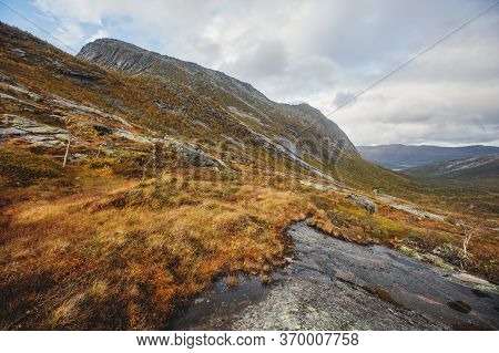 Norwegian Mountain Landscape During Hiking To Halls Fortopp Peak, With A View On Stetind, Northern N