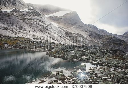 Norwegian Mountain Landscape During Hiking To Halls Fortopp Peak, With A View On Stetind, Northern N