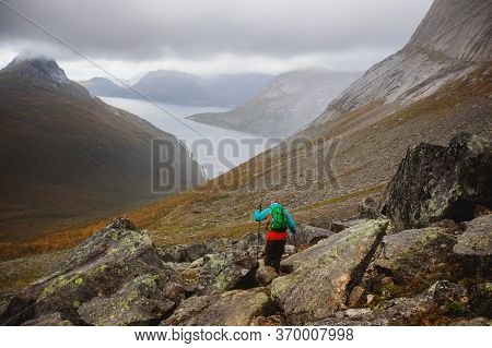 Norwegian Mountain Landscape During Hiking To Halls Fortopp Peak, With A View On Stetind, Northern N