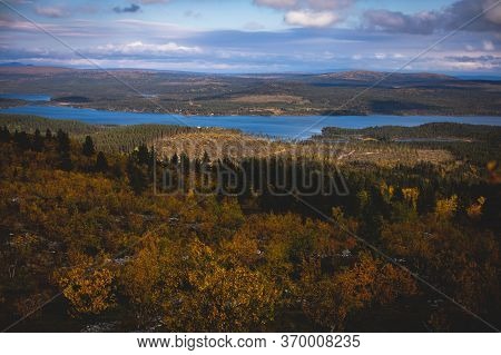 Swedish Autumn Fall Vibrant Landscape During Hiking To Kurravaara Mountain In Norrbotten County, Kir