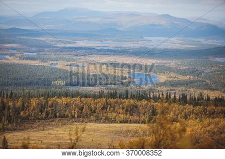 Swedish Autumn Fall Vibrant Landscape During Hiking To Kurravaara Mountain In Norrbotten County, Kir