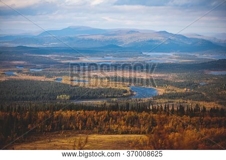 Swedish Autumn Fall Vibrant Landscape During Hiking To Kurravaara Mountain In Norrbotten County, Kir