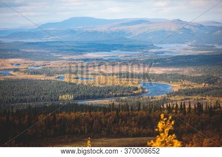 Swedish Autumn Fall Vibrant Landscape During Hiking To Kurravaara Mountain In Norrbotten County, Kir