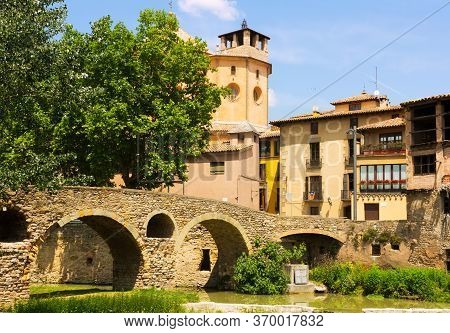 Ancient Stone Bridge Cathedral In Vic. Catalonia, Spain