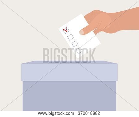 Concept Of Choice. Hand Puts Questionnaire In Ballot Box. White Sheet Template With Check Mark. List