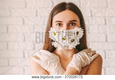 Portrait Young Tender Woman Posing In Summer Medical Face Mask And Latex Protective Gloves. Happy Be