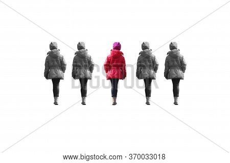 Abstract Photo Of Girl In Red Jacket From Back Between Black And White Images Of Same Girl Isolated 