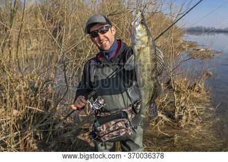 Happy Fisherman With Zander Fish. Success Walleye Fishing At Wild River