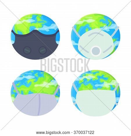 Planet Earth Wearing Protective Face Mask Set. Environmental Pollution, Fine Dust, Air Pollution, In