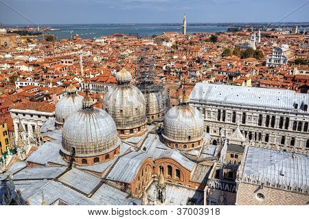 View to San Marco Cathedral from campanille at San Marco place in Venice, Italy