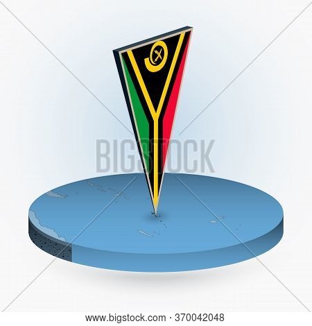 Vanuatu Map In Round Isometric Style With Triangular 3d Flag Of Vanuatu, Vector Map In Blue Color.